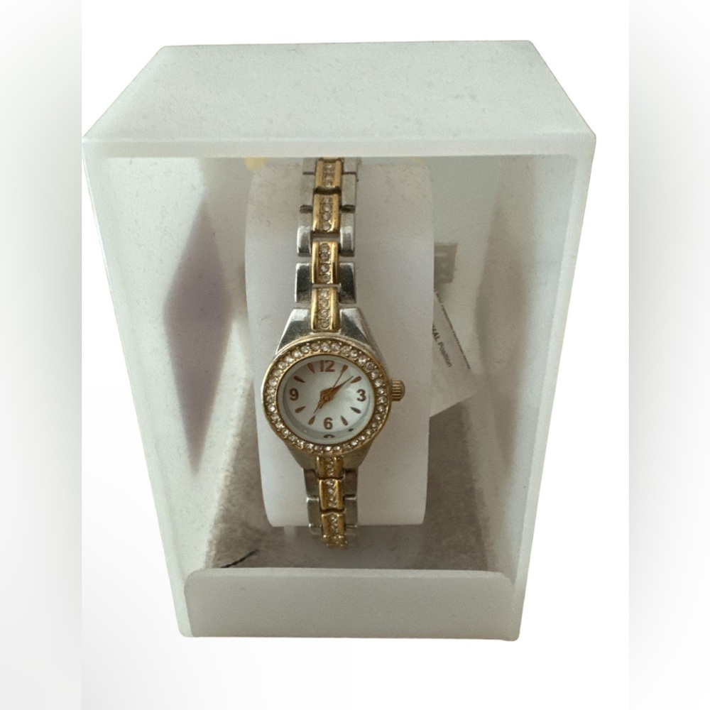Vintage gold & silver Crystal accent watch . NIB never opened .Fits 7 in